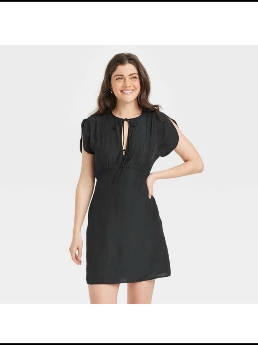Universal Thread Black Flutter Sleeve Tie-Neck Mini Dress